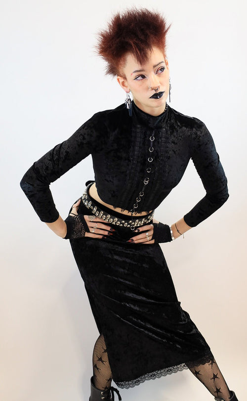 Black Velvet Midi Skirt with Side Slit - Angel's House of Design Co.