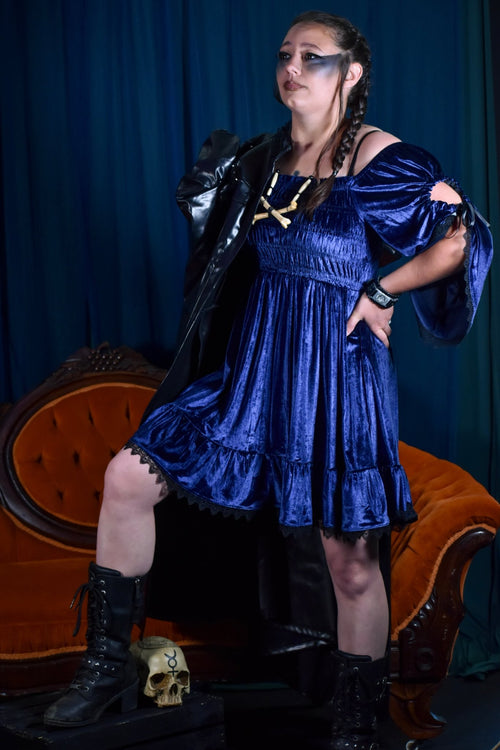 Blue Gothic Baby Doll with Adjustable Gathered Statement Sleeve - Angel's House of Design Co.