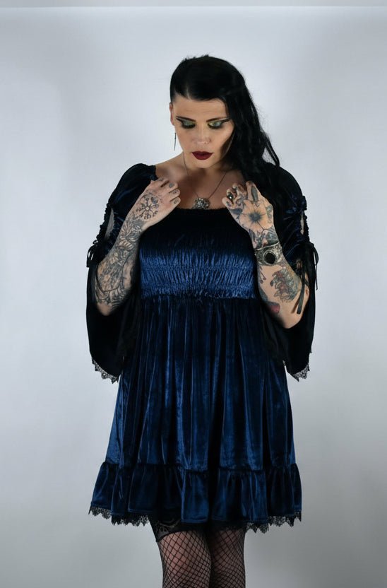 Blue Gothic Baby Doll with Adjustable Gathered Statement Sleeve - Angel's House of Design Co.