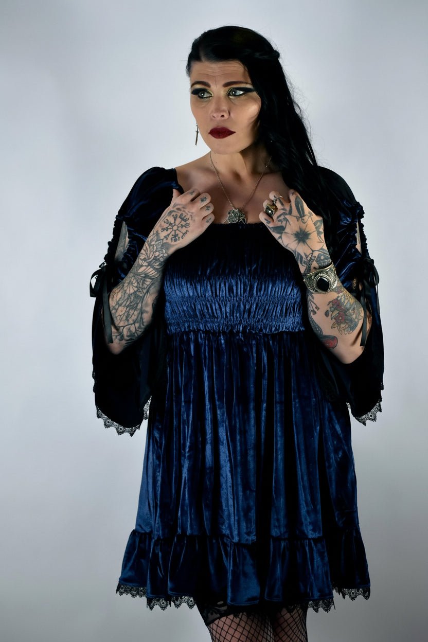 Blue Gothic Baby Doll with Adjustable Gathered Statement Sleeve - Angel's House of Design Co.
