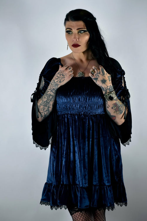 Blue Gothic Baby Doll with Adjustable Gathered Statement Sleeve - Angel's House of Design Co.