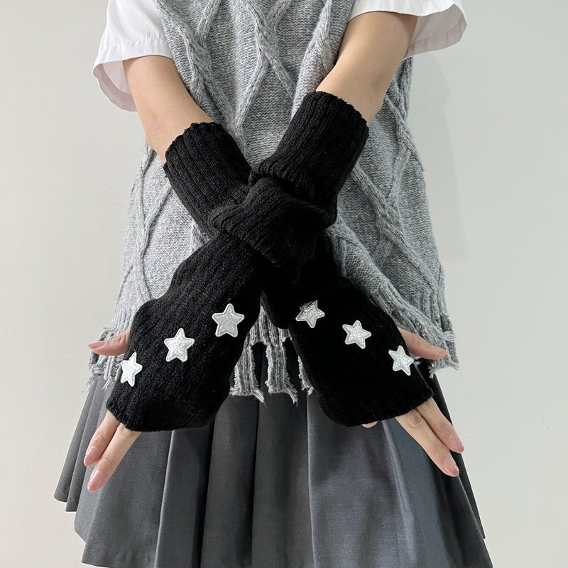 Chunky Black Knitted Arm Warmers with Stars - Angel's House of Design Co.