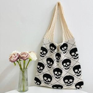 Cream Knitted Tote Bag Skull Pattern Gothic Shoulder Handbag - Angel's House of Design Co.