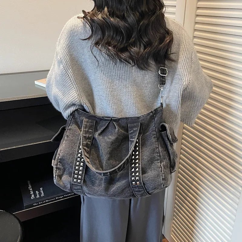 Denim Studded Handbag with Cross Body Strap - Angel's House of Design Co.