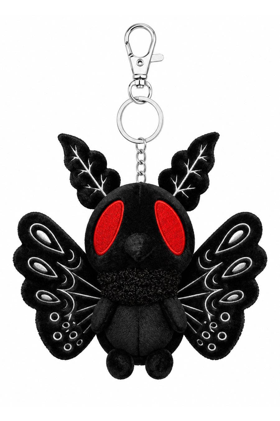 A black plush moth man keychain charm with red eyes and white wing patterns, attached to a silver metal clasp on a plain white background.
