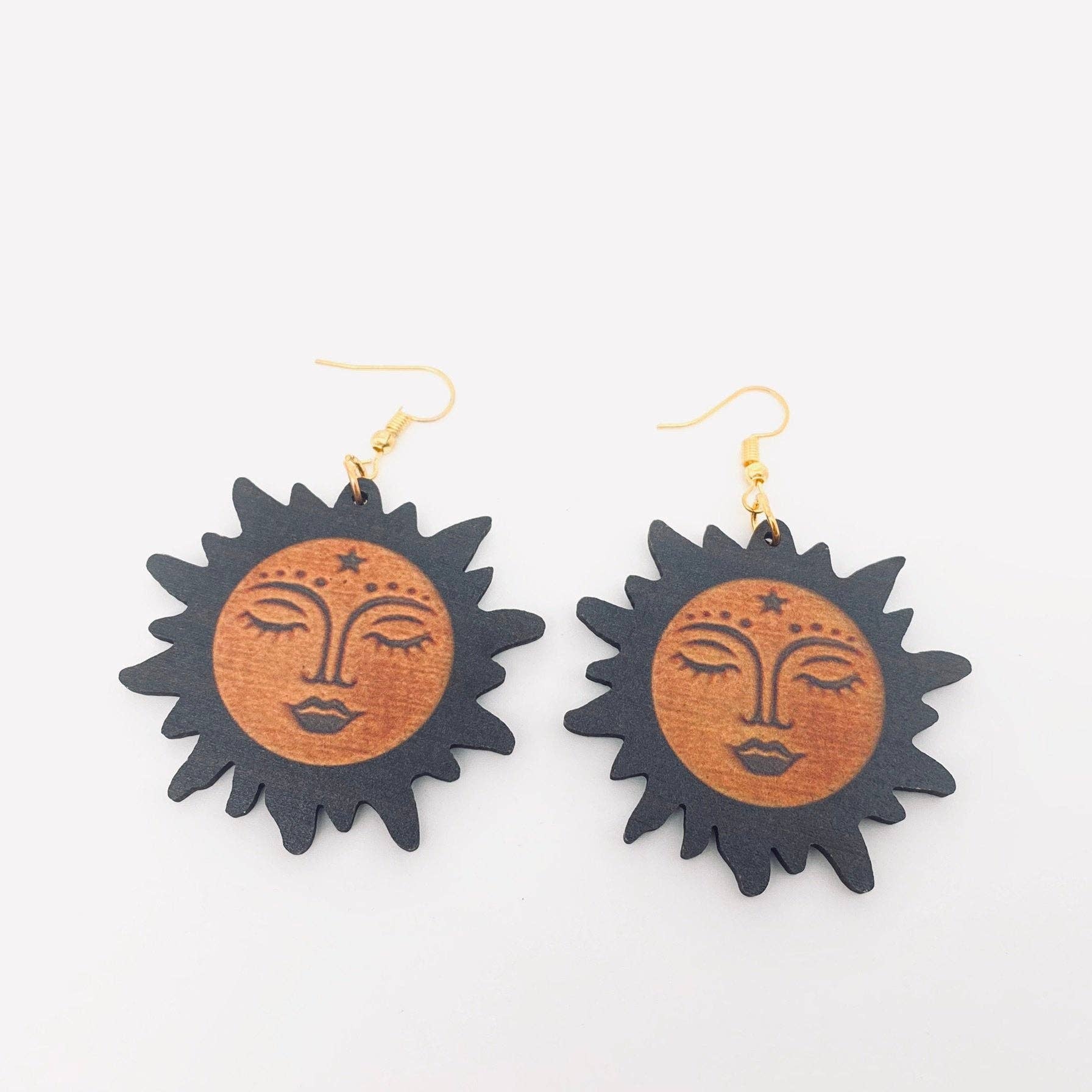 Face Sun Shape Pendant Double Sided Wooden Earrings - MS - Angel's House of Design Co.