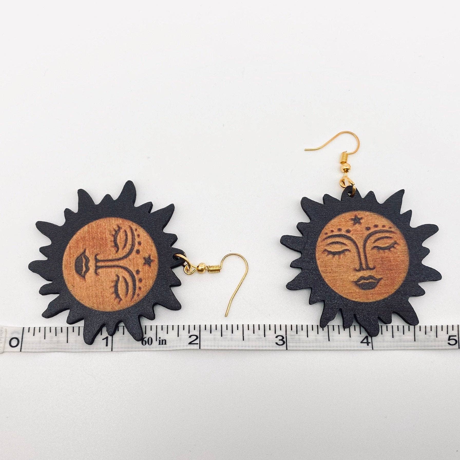 Face Sun Shape Pendant Double Sided Wooden Earrings - MS - Angel's House of Design Co.
