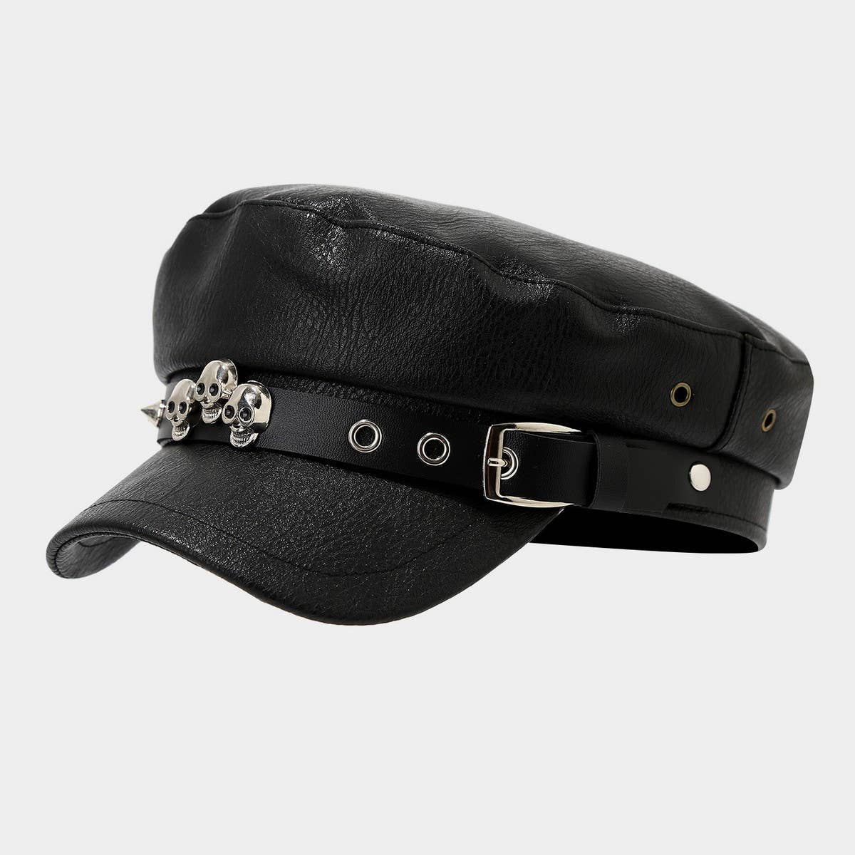 Punk Leather Flat Top Cap Studded Army Hat_CWAH04630