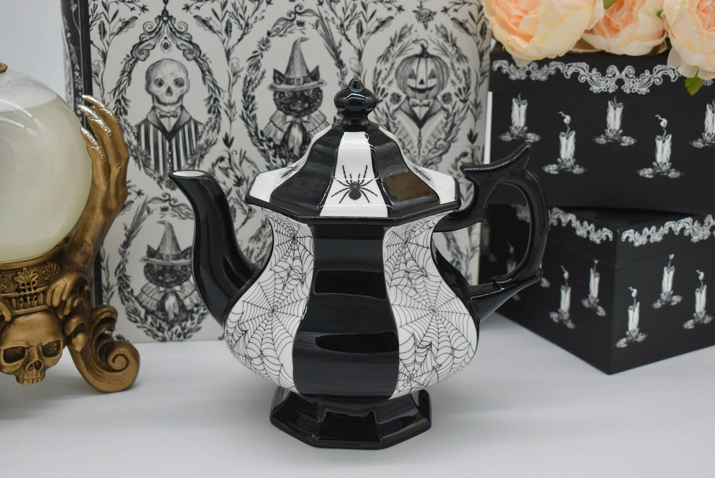Gothic Black Halloween Teapot Spiders and Cobwebs - Angel's House of Design Co.