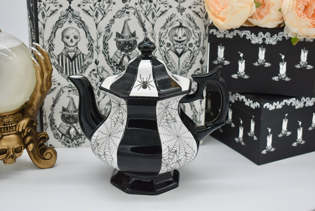 Gothic Black Halloween Teapot Spiders and Cobwebs - Angel's House of Design Co.
