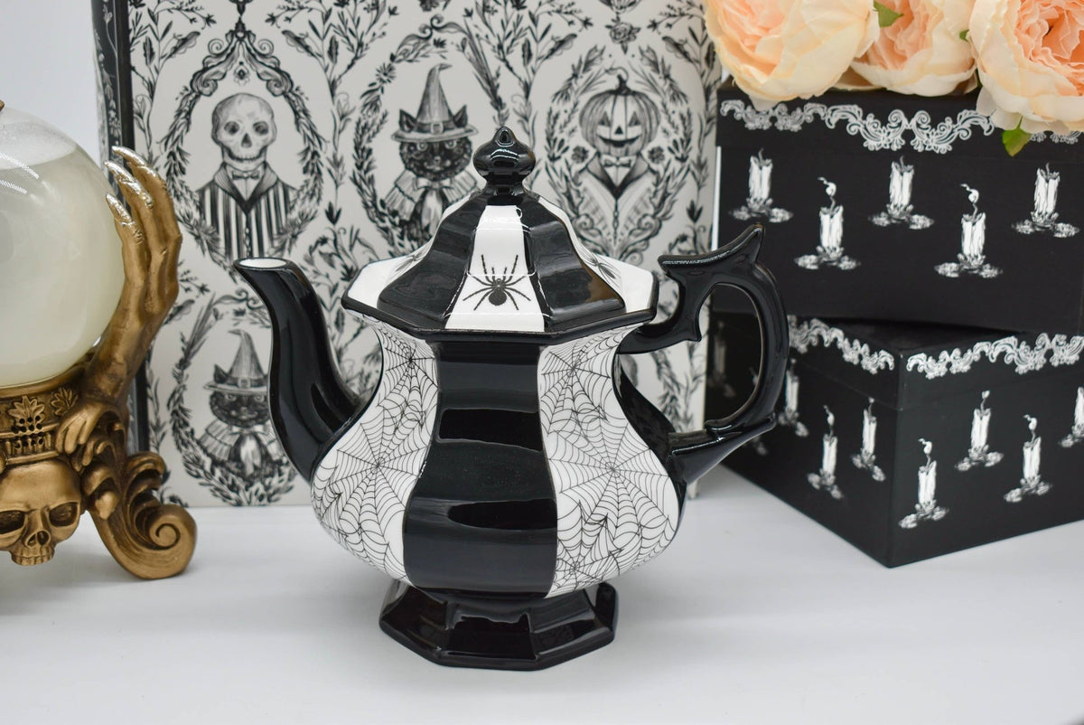 Gothic Black Halloween Teapot Spiders and Cobwebs - Angel's House of Design Co.