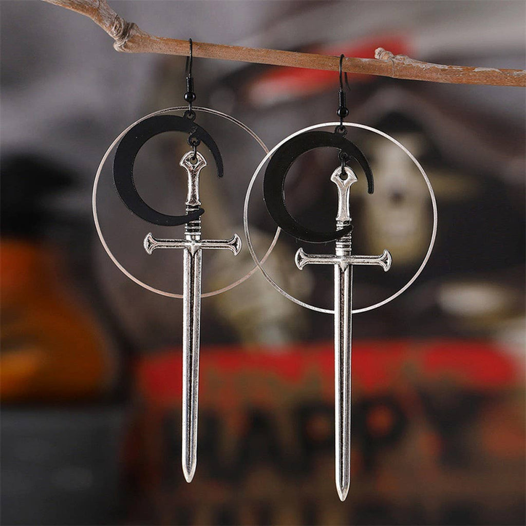 HALLOWEEN ROUND BLACK MOON SWORD EARRINGS_CWAJE1988 - Angel's House of Design Co.