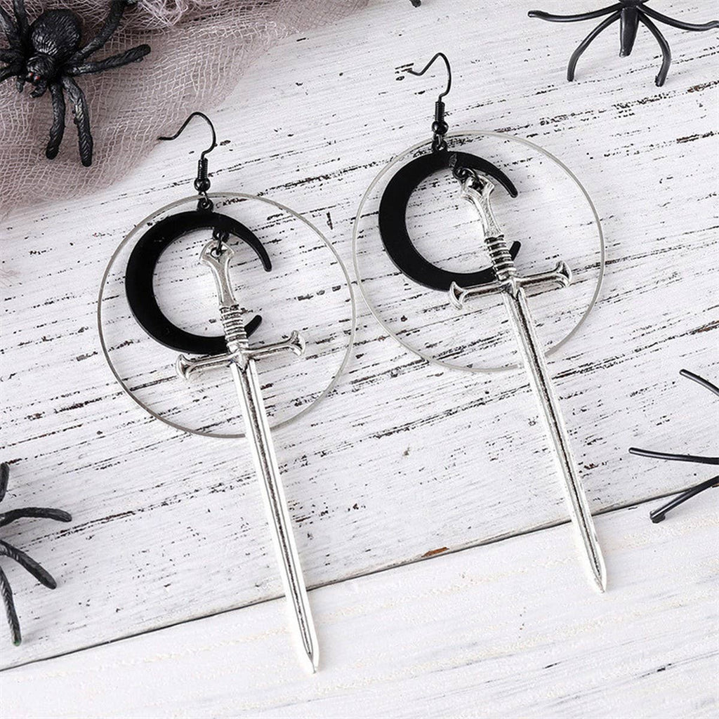 HALLOWEEN ROUND BLACK MOON SWORD EARRINGS_CWAJE1988 - Angel's House of Design Co.