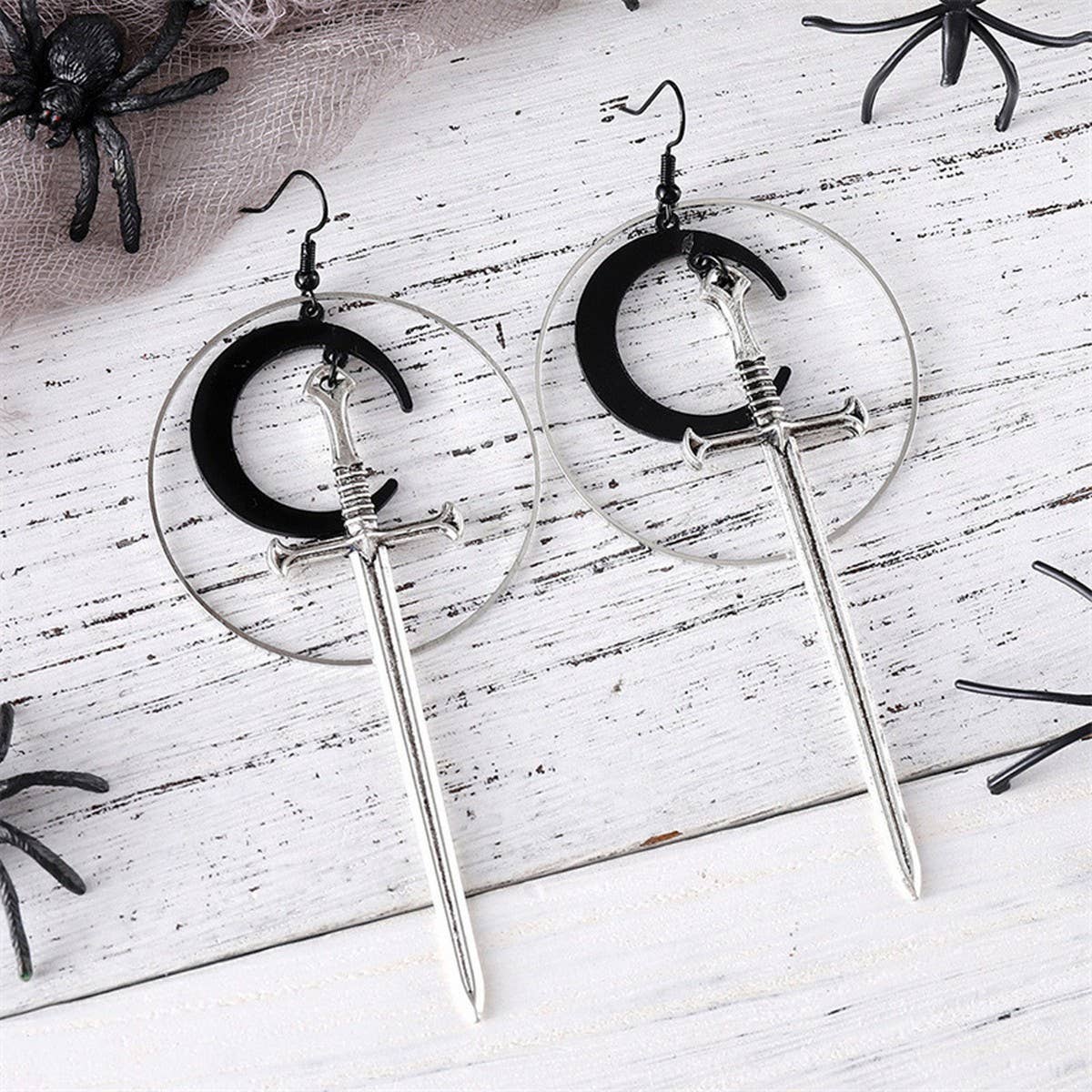 HALLOWEEN ROUND BLACK MOON SWORD EARRINGS_CWAJE1988 - Angel's House of Design Co.