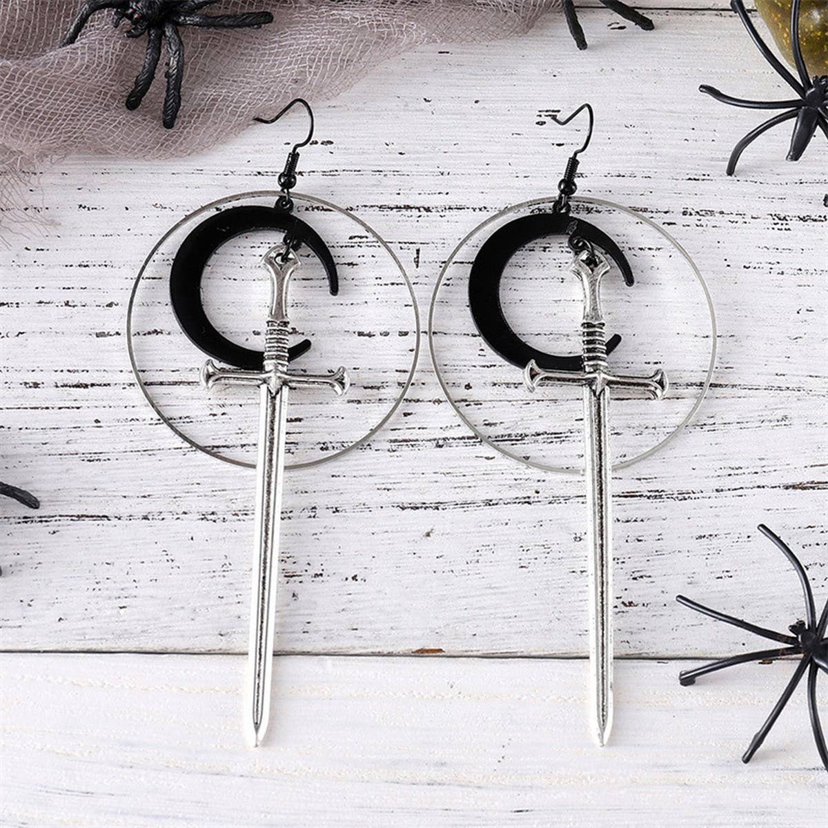 HALLOWEEN ROUND BLACK MOON SWORD EARRINGS_CWAJE1988 - Angel's House of Design Co.