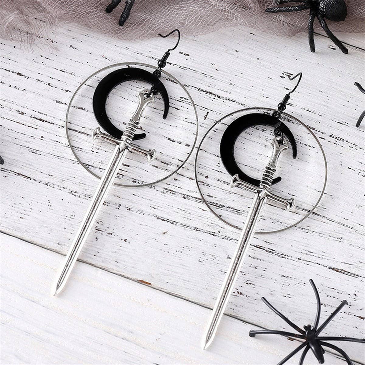 HALLOWEEN ROUND BLACK MOON SWORD EARRINGS_CWAJE1988 - Angel's House of Design Co.