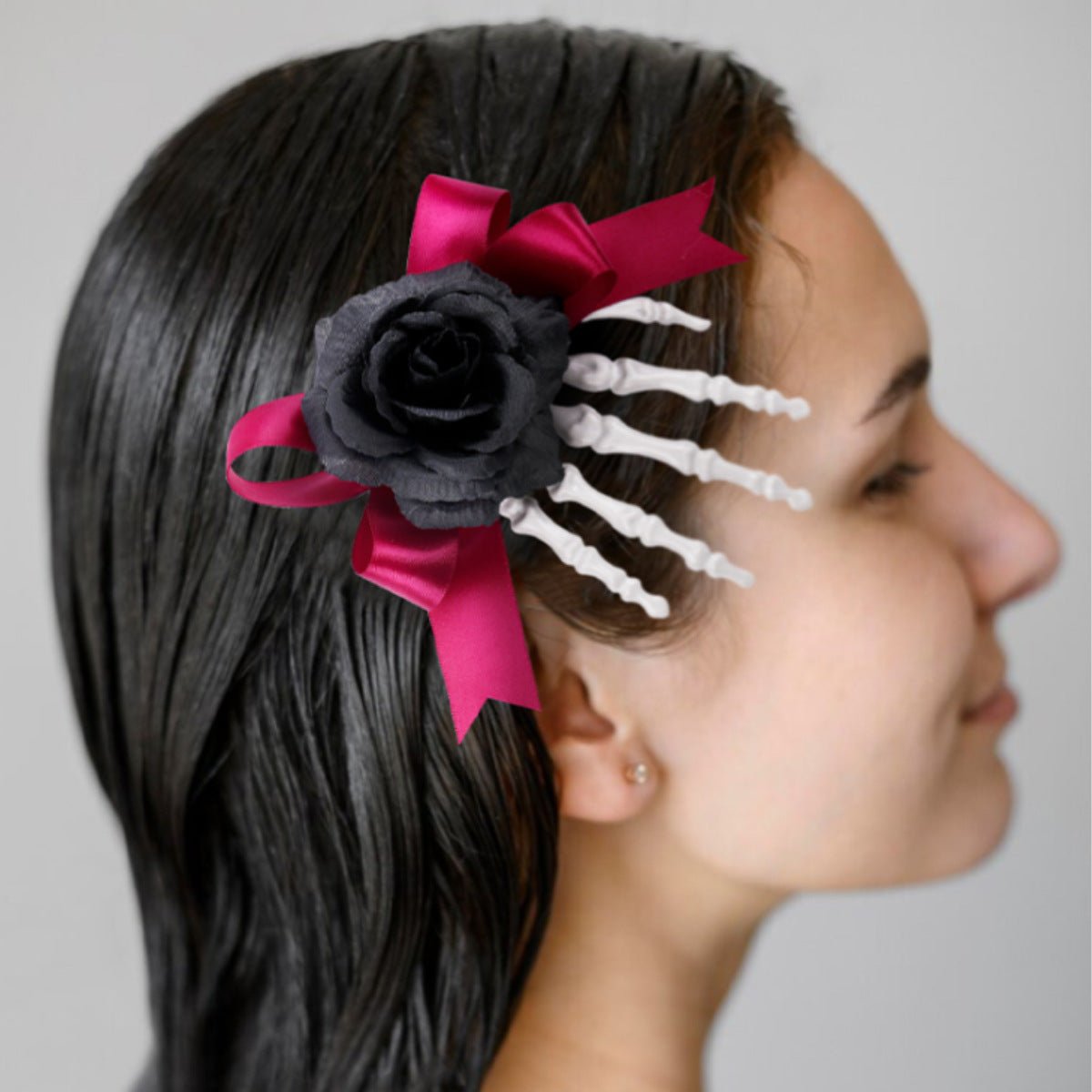 Halloween Skeleton Hand Hair Clip With Rose Flower And Bow - Angel's House of Design Co.