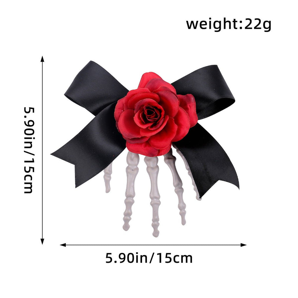 Halloween Skeleton Hand Hair Clip With Rose Flower And Bow - Angel's House of Design Co.