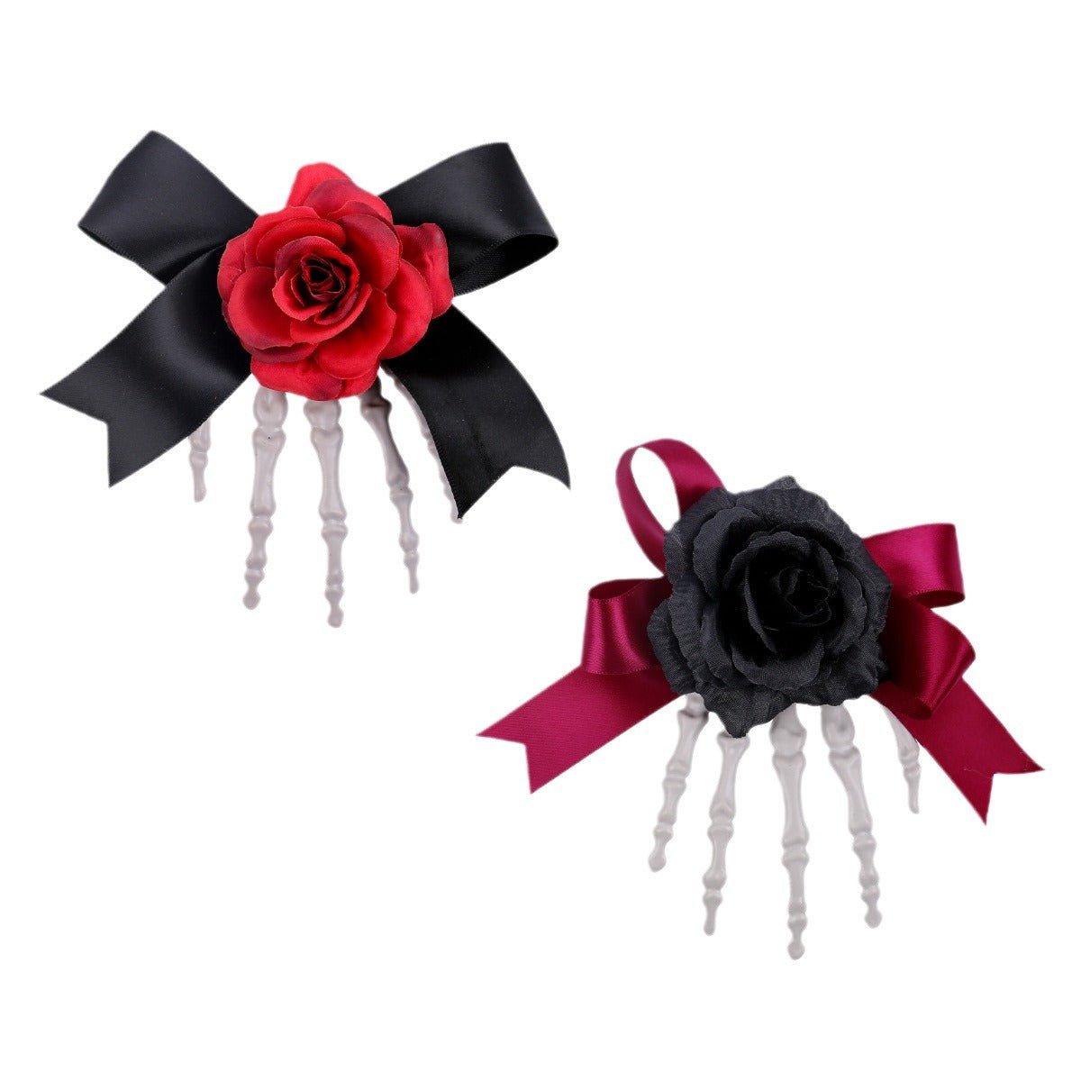 Halloween Skeleton Hand Hair Clip With Rose Flower And Bow - Angel's House of Design Co.