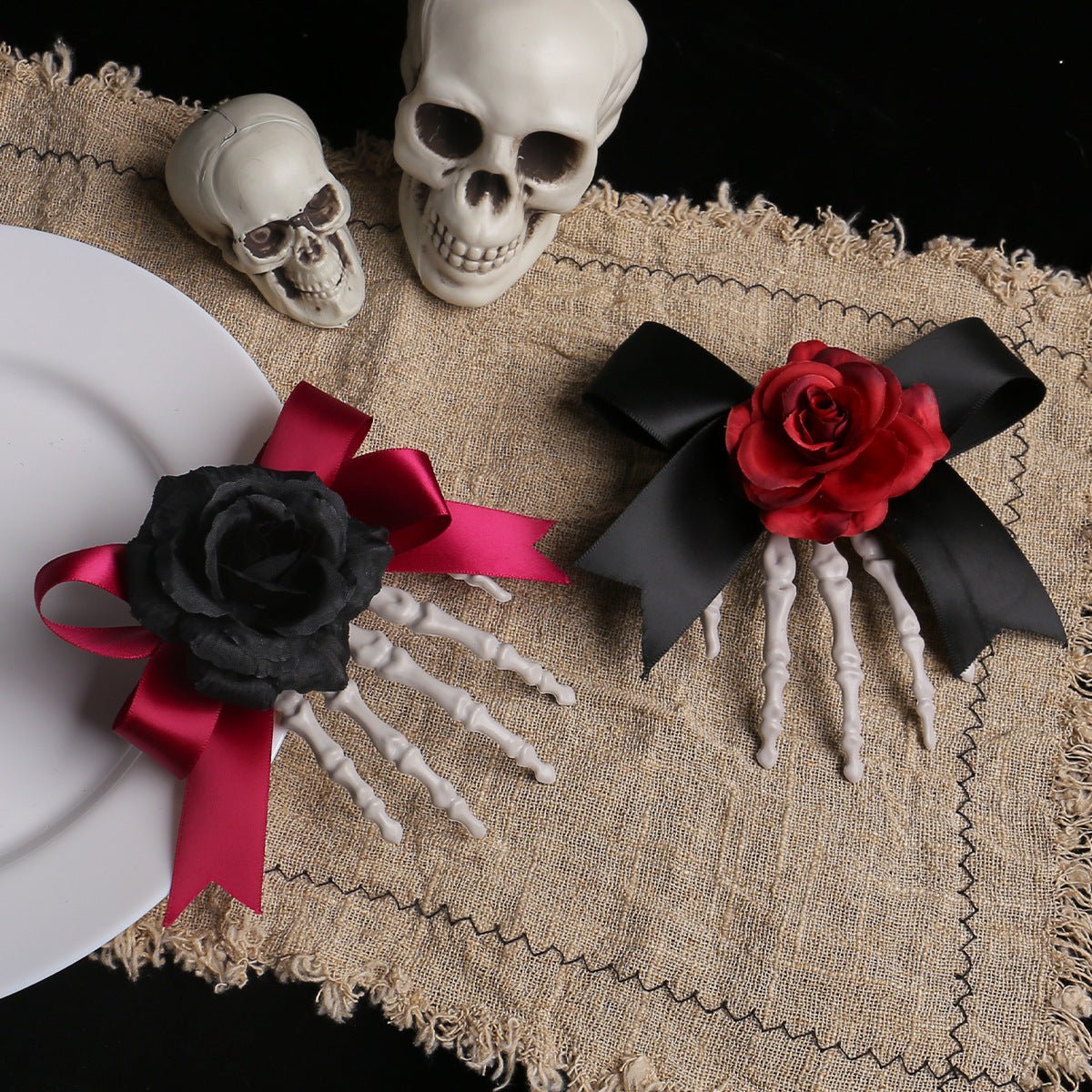 Halloween Skeleton Hand Hair Clip With Rose Flower And Bow - Angel's House of Design Co.