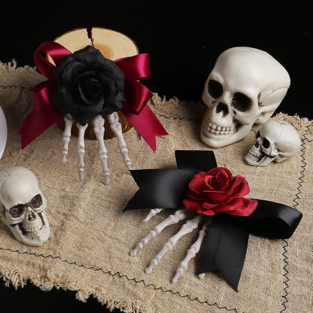 Halloween Skeleton Hand Hair Clip With Rose Flower And Bow - Angel's House of Design Co.
