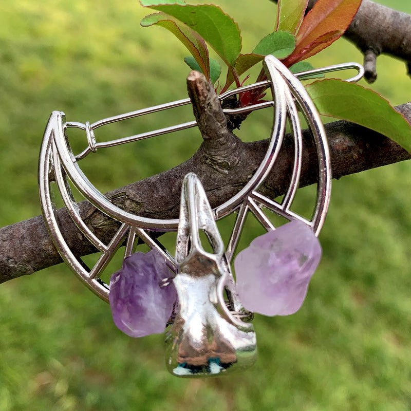 Hollow Moon Raven Skull Hair Clip Crescent with Amethyst Crystal - Angel's House of Design Co.