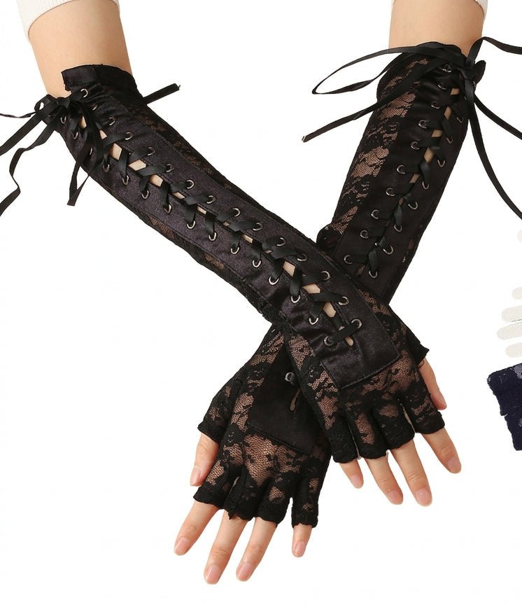 Long Lace Fingerless Gloves Lace-up Ribbon - Angel's House of Design Co.