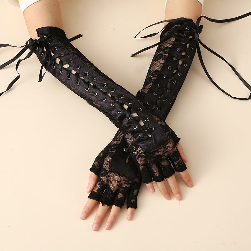 Long Lace Fingerless Gloves Lace-up Ribbon - Angel's House of Design Co.