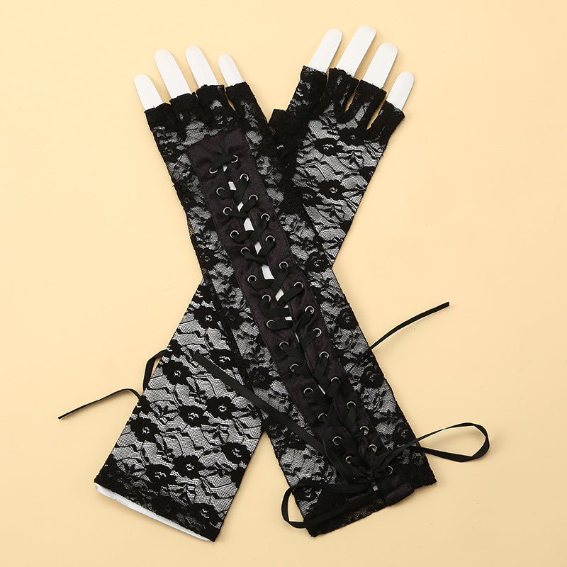 Long Lace Fingerless Gloves Lace-up Ribbon - Angel's House of Design Co.