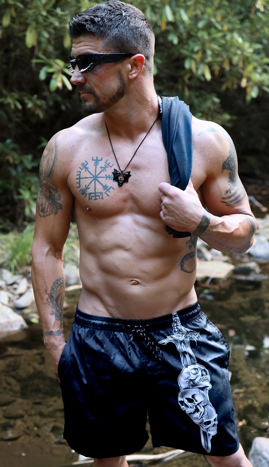 Men's Mid - Length Vampire Skulls Beach Shorts - Angel's House of Design Co.