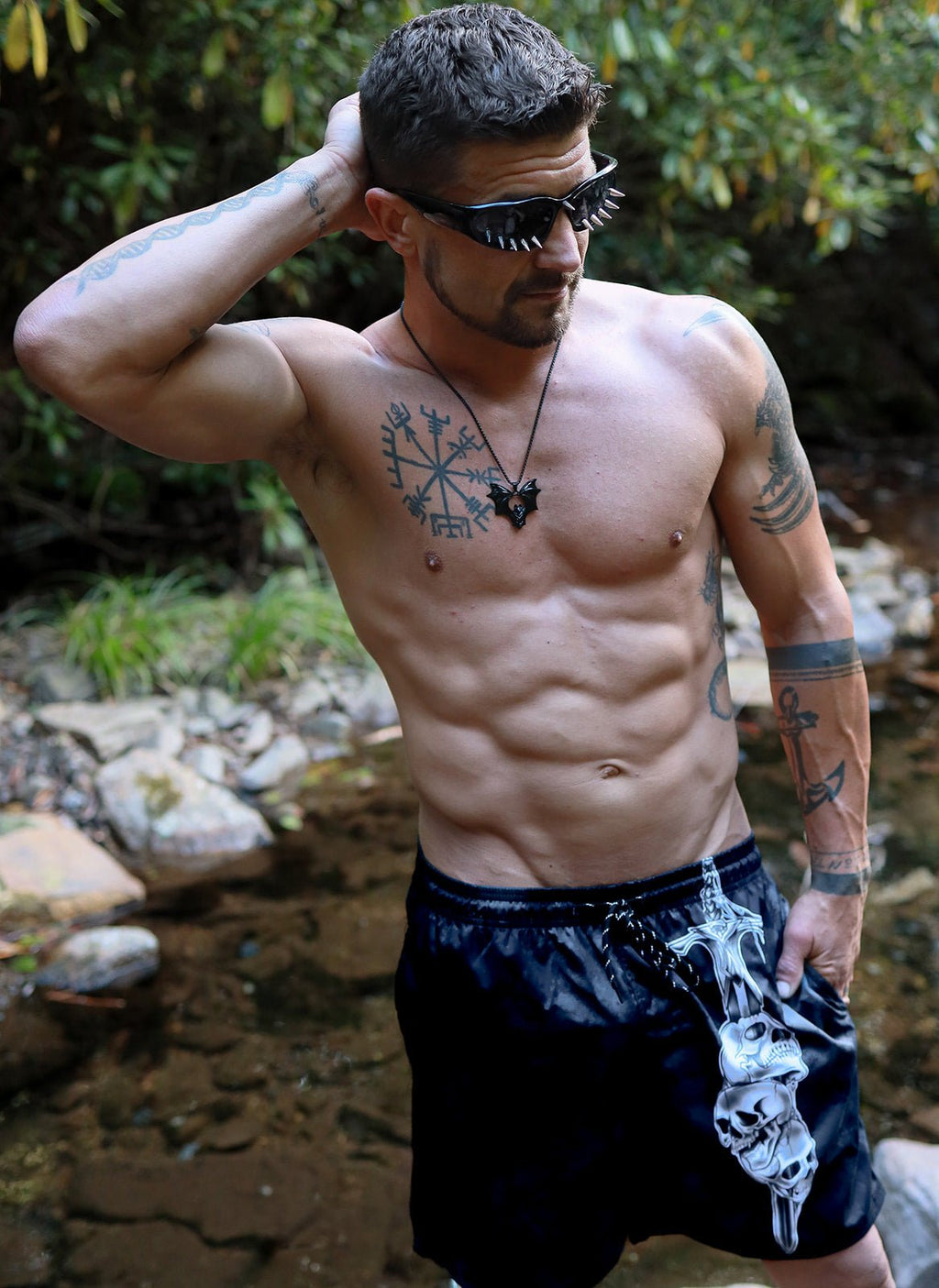 Men's Mid - Length Vampire Skulls Beach Shorts - Angel's House of Design Co.