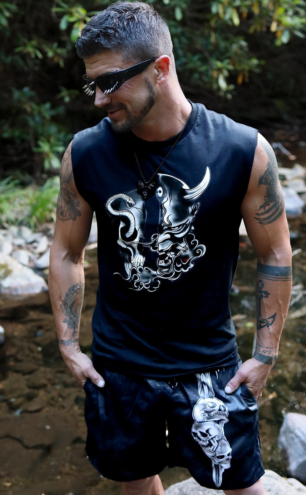 Men's Mid - Length Vampire Skulls Beach Shorts - Angel's House of Design Co.
