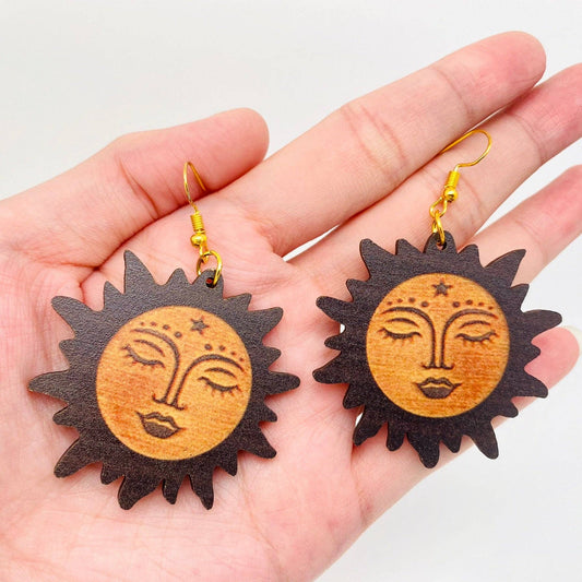 Face Sun Shape Pendant Double Sided Wooden Earrings - MS