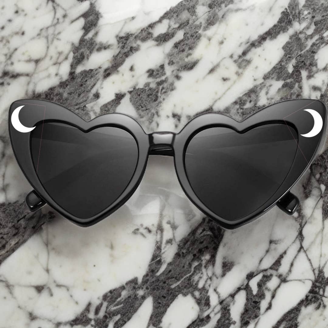 Retro Witchy Goth Heart-Shaped Sunglasses, Moons