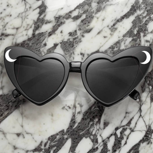 Retro Witchy Goth Heart-Shaped Sunglasses, Moons