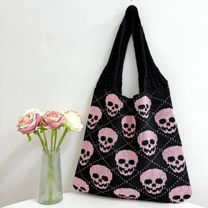 Pink Knitted Tote Bag Skull Pattern Gothic Shoulder Handbag - Angel's House of Design Co.