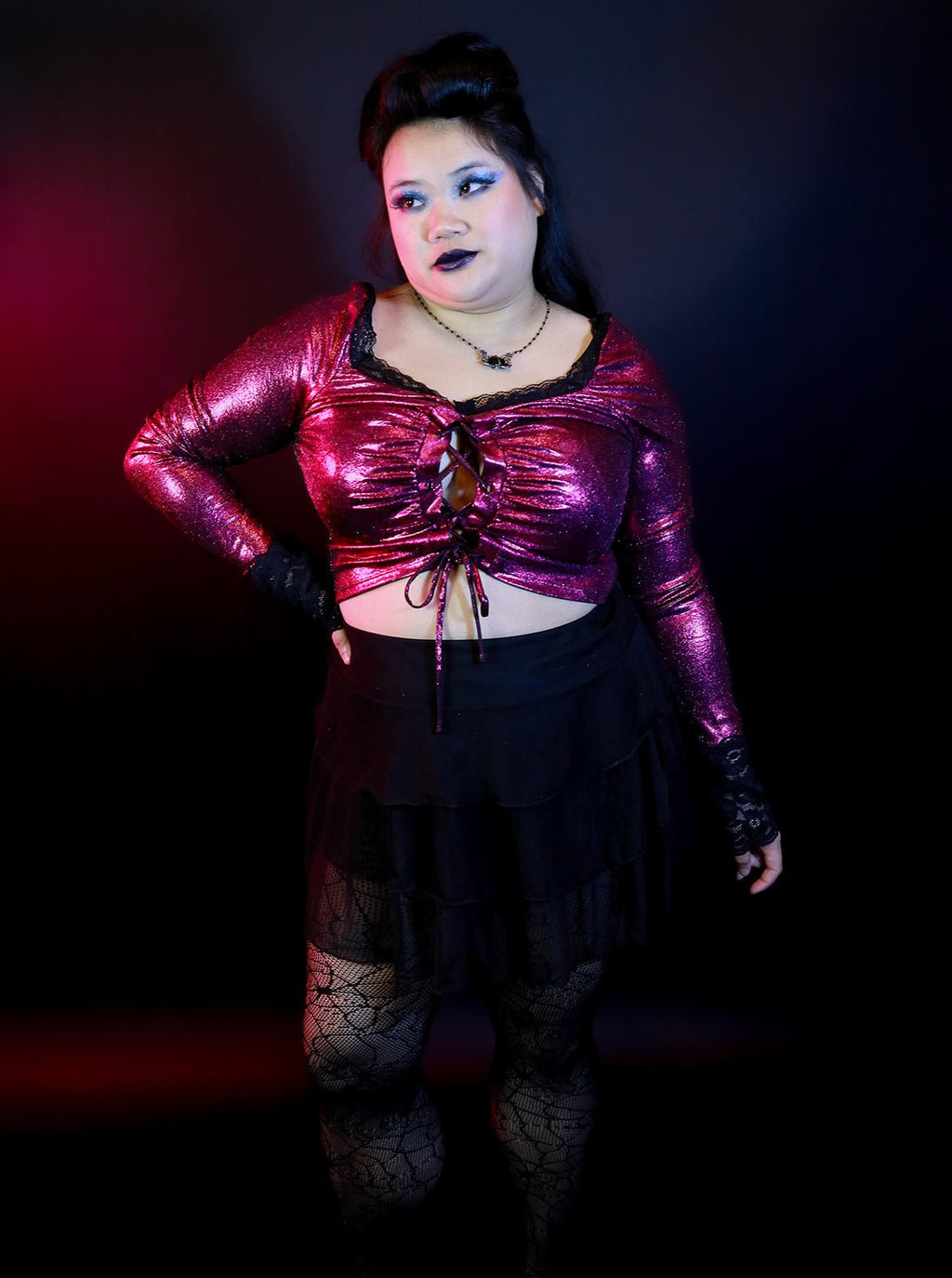 Pink Metallic Lace Up Long Sleeve Top with Lace Cuffs - Angel's House of Design Co.
