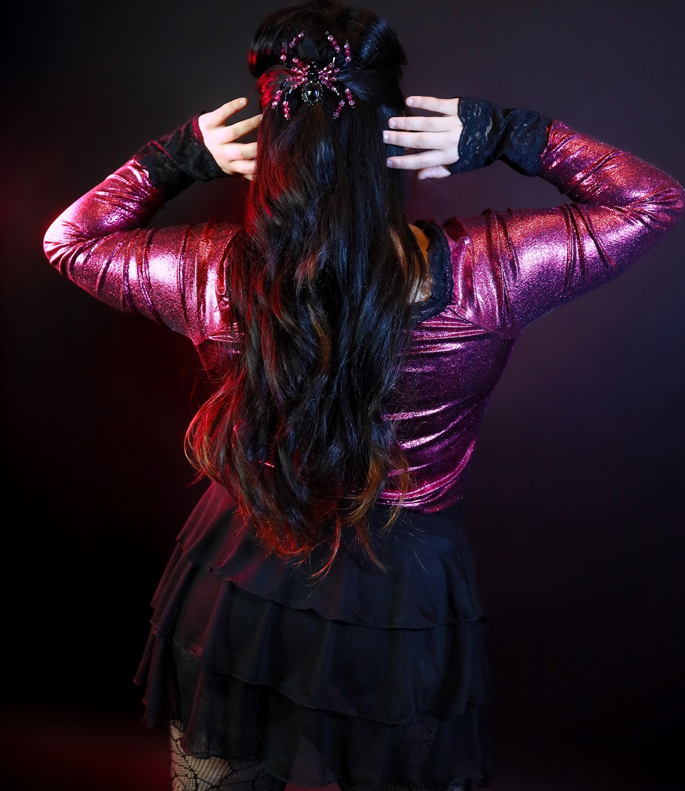 Pink Metallic Lace Up Long Sleeve Top with Lace Cuffs - Angel's House of Design Co.