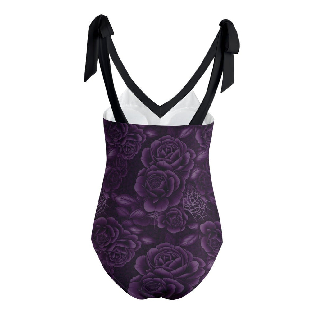 Purple Spiderweb & Rose Tie Shoulder One - piece Padded Swimsuit up to 5XL - Angel's House of Design Co.