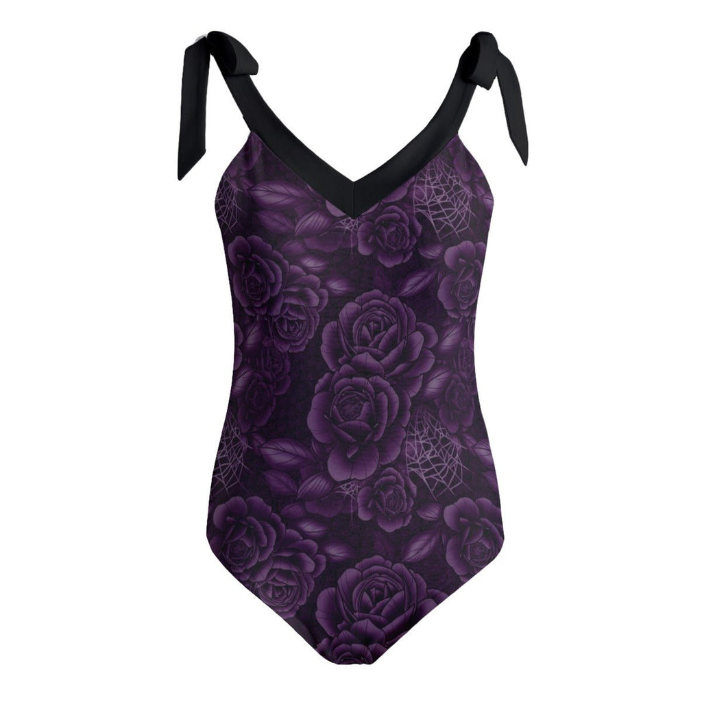 Purple Spiderweb & Rose Tie Shoulder One - piece Padded Swimsuit up to 5XL - Angel's House of Design Co.