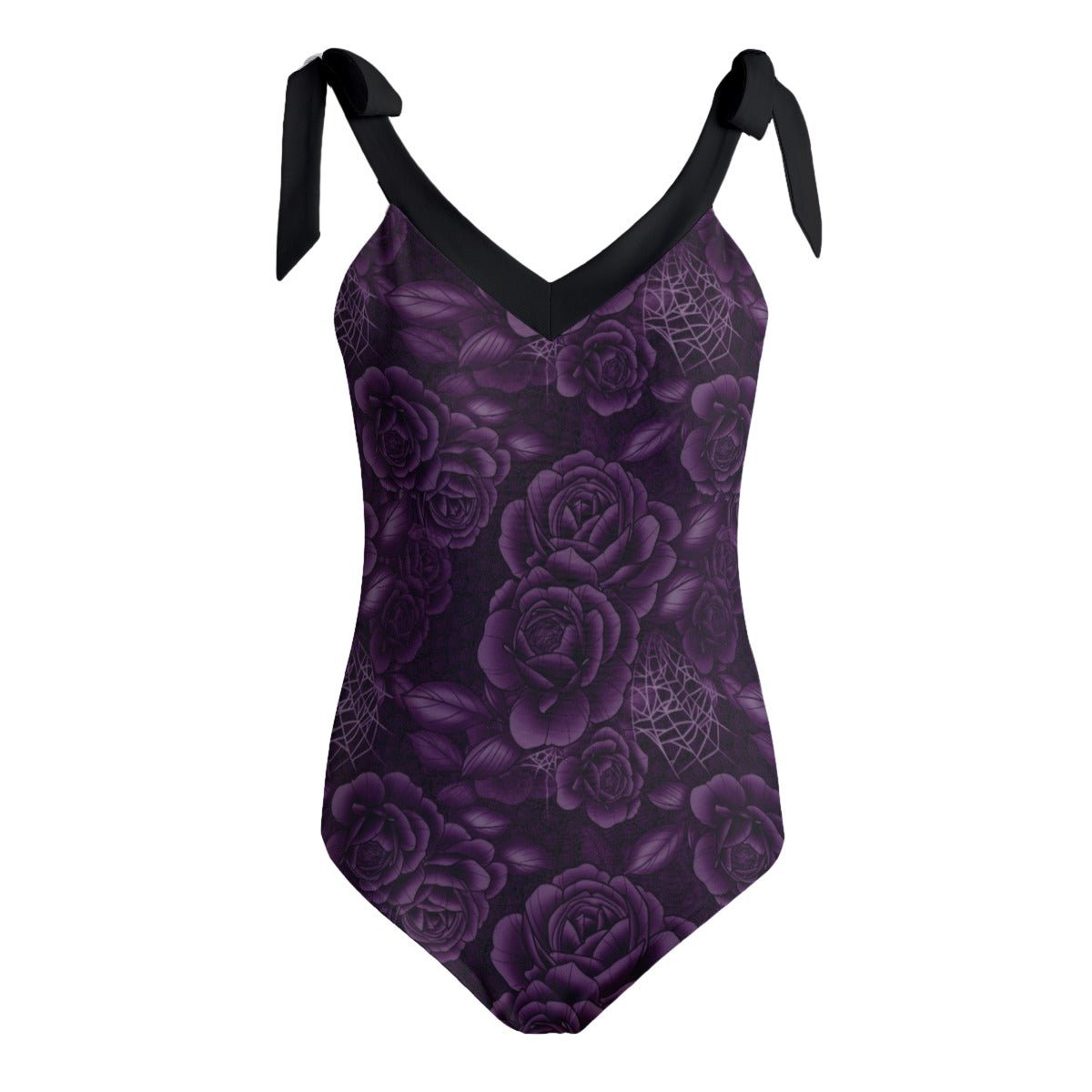 Purple Spiderweb & Rose Tie Shoulder One - piece Padded Swimsuit up to 5XL - Angel's House of Design Co.
