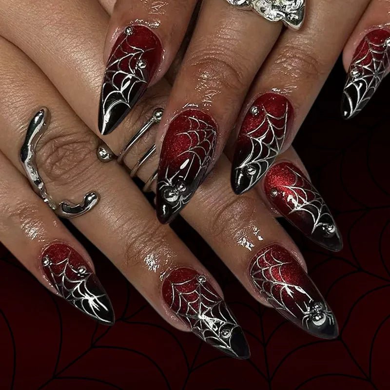 Red and Black Spiderweb Nails - Angel's House of Design Co.