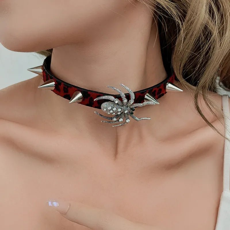 Red Leopard Choker with Spikes and Spider Charm - Angel's House of Design Co.