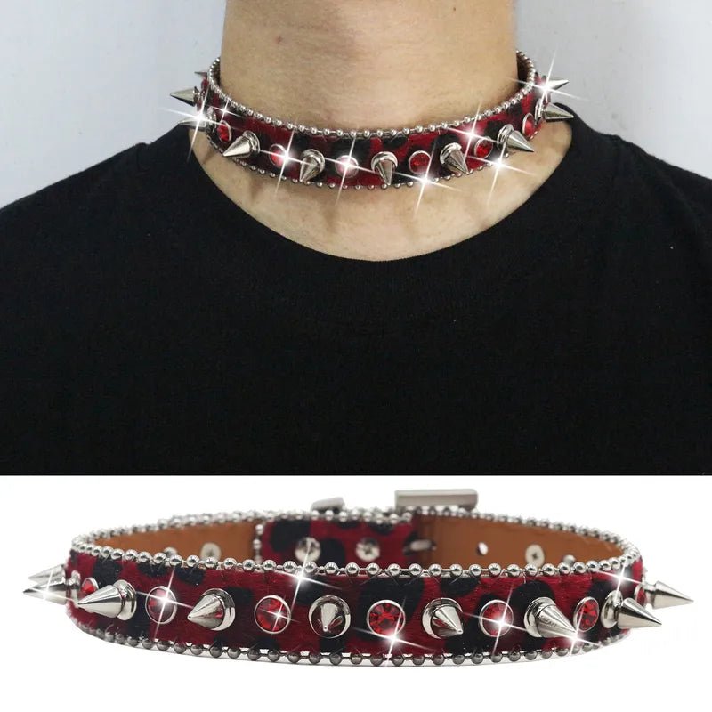 Red or Purple Leopard Rhinestone and Spike Collar/Choker - Angel's House of Design Co.