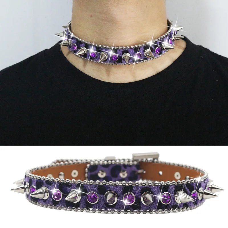 Red or Purple Leopard Rhinestone and Spike Collar/Choker - Angel's House of Design Co.
