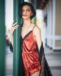 Rust Velvet Romper with Black Lace Neckline - Angel's House of Design Co.