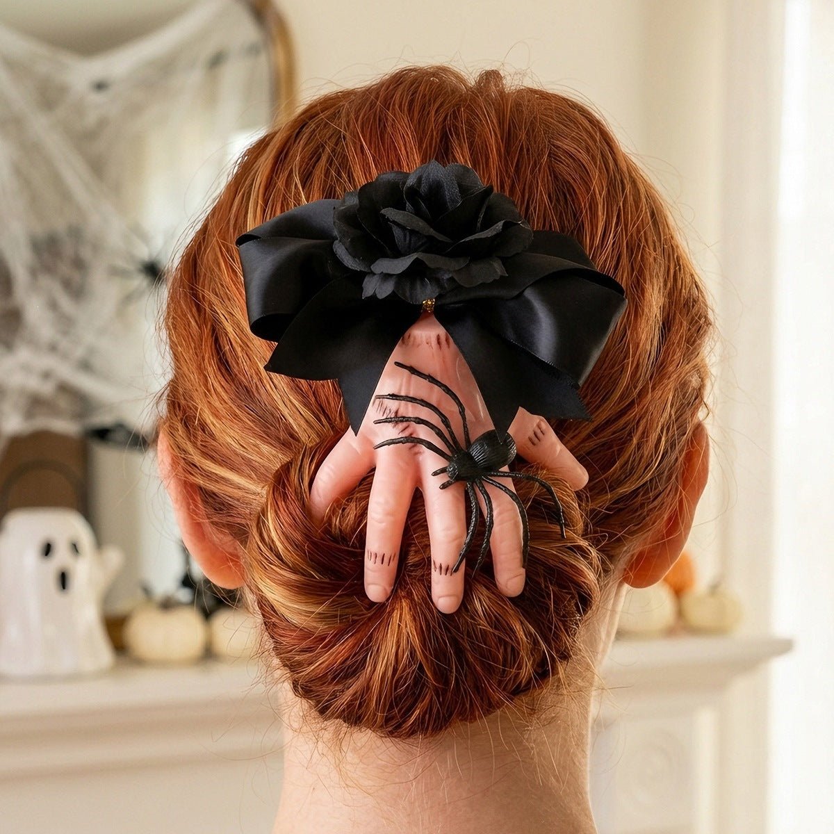 Severed Hand Hair Clip Black Satin Bow Spider Rose - Angel's House of Design Co.