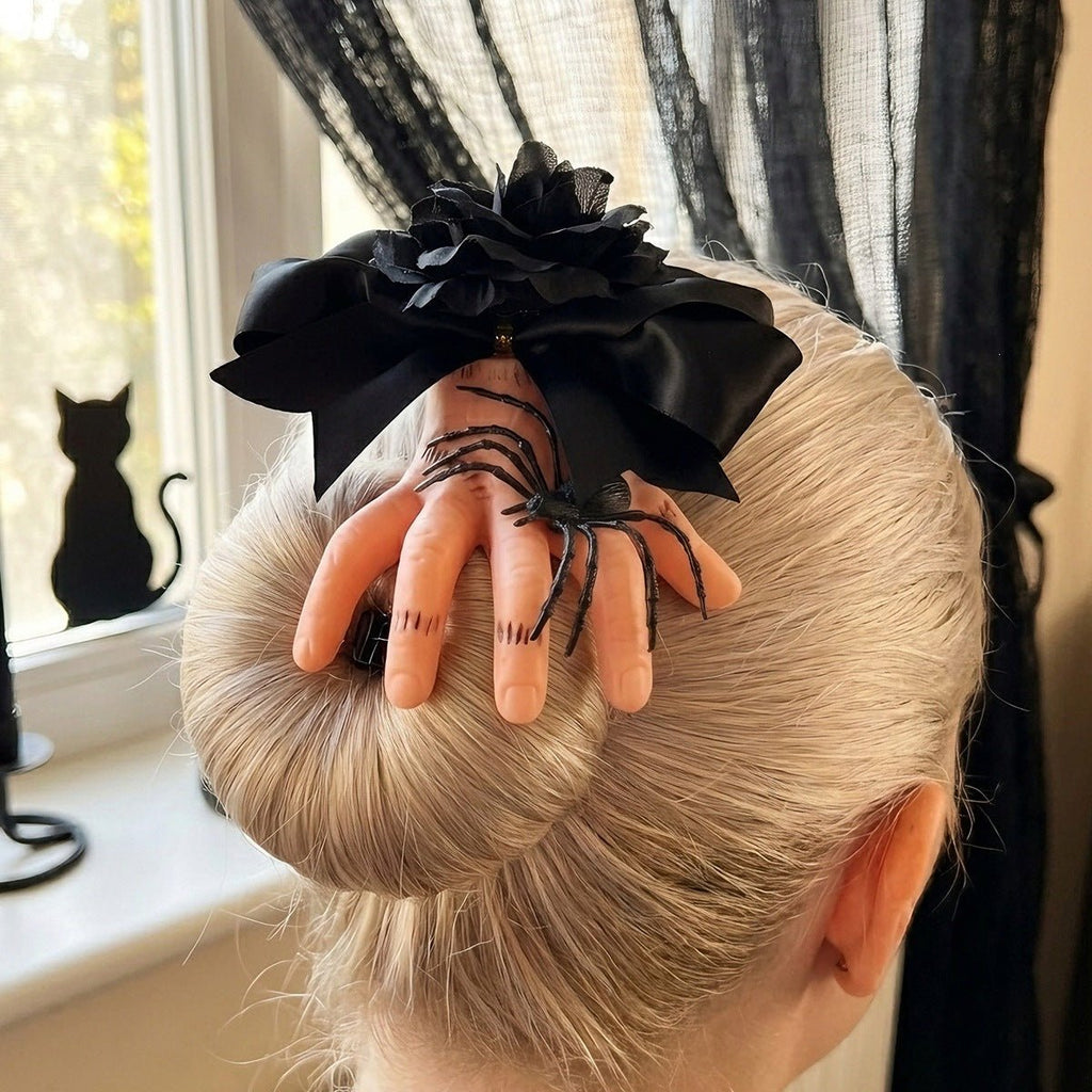 Severed Hand Hair Clip Black Satin Bow Spider Rose - Angel's House of Design Co.