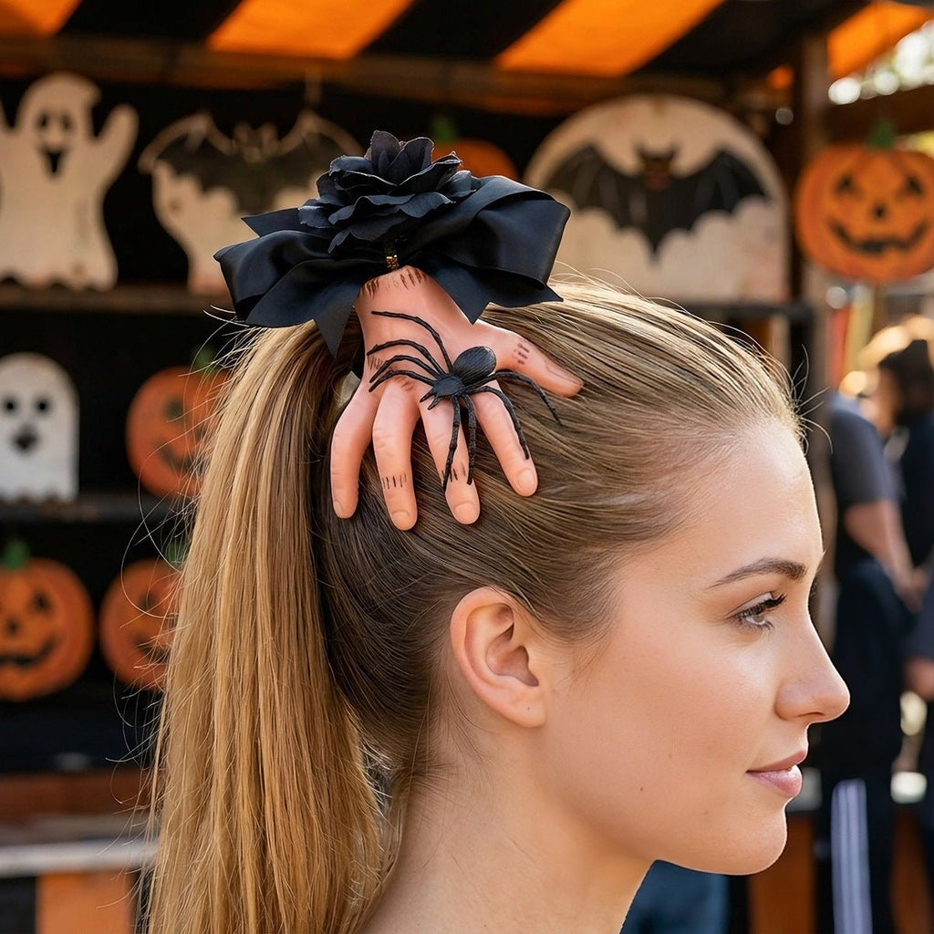 Severed Hand Hair Clip Black Satin Bow Spider Rose - Angel's House of Design Co.