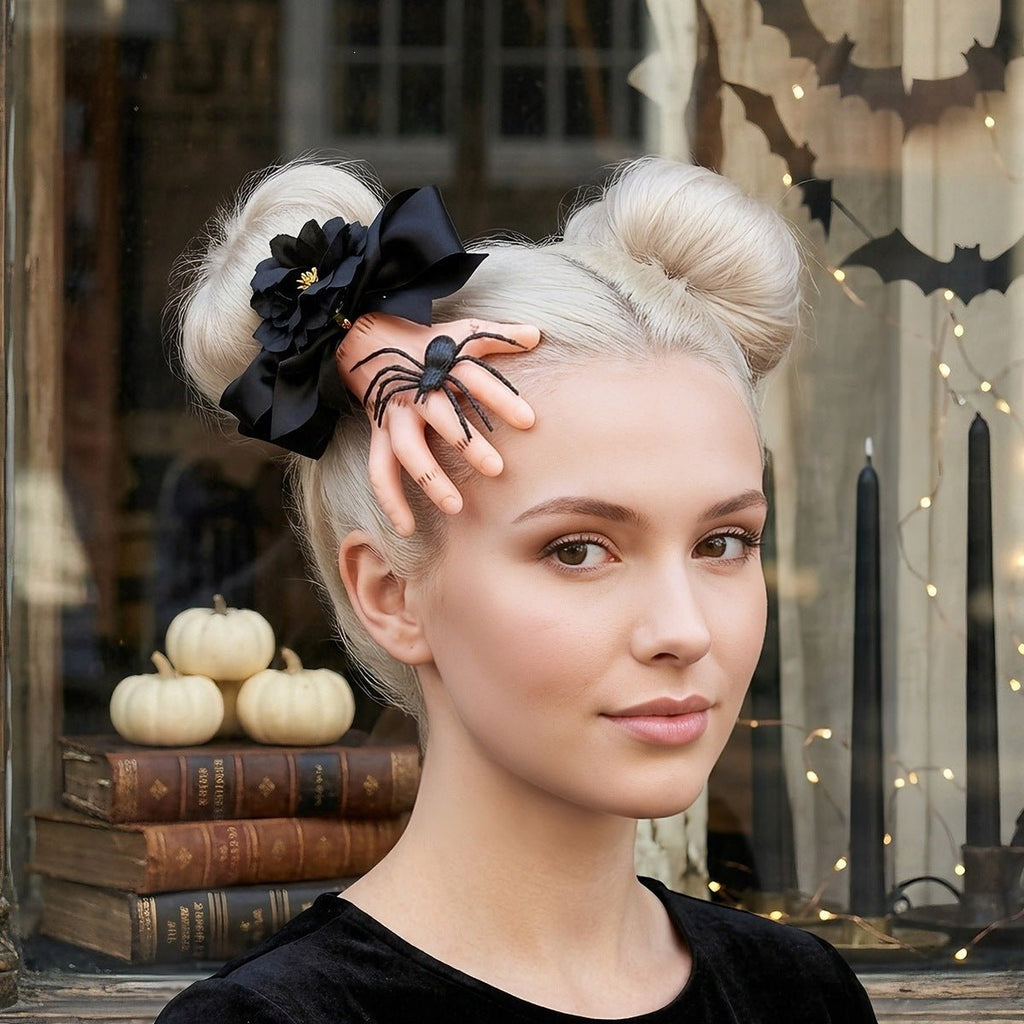 Severed Hand Hair Clip Black Satin Bow Spider Rose - Angel's House of Design Co.